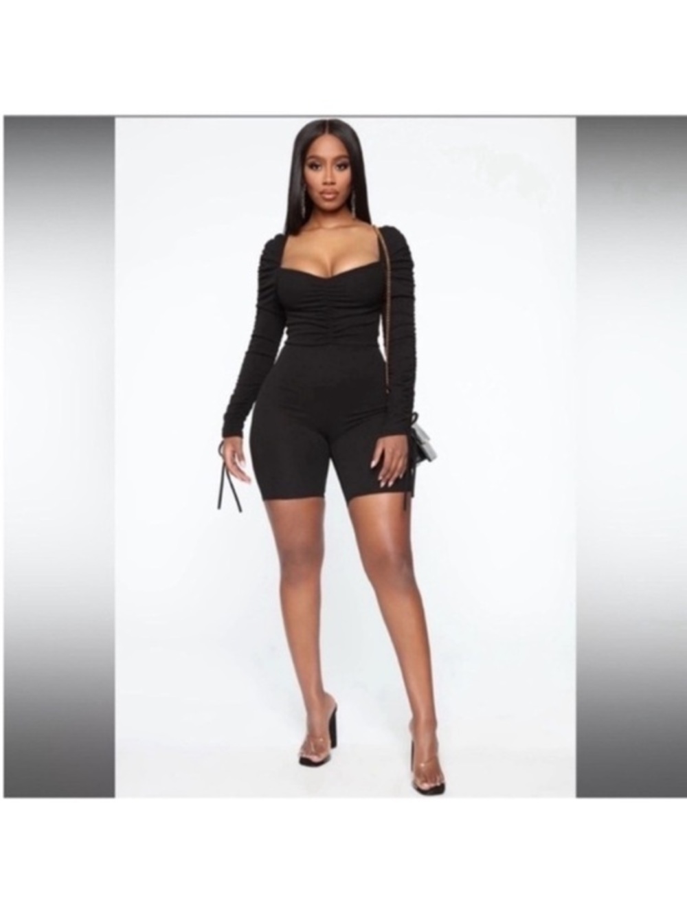 Black Ruched Long-Sleeve Romper